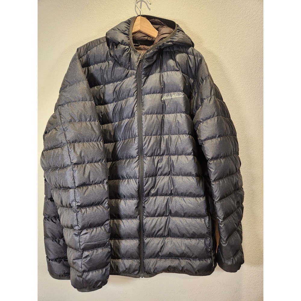 Eddie Bauer Mens T3XL Gray Hooded Down Puffer Jacket Tall 3XL Quilted‎ Coat